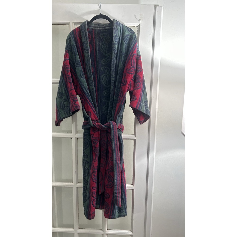 Vintage Turkish Cotton Blend Robe Knightsbridge OS Burgundy Green Paisley Belted - Picture 3 of 16